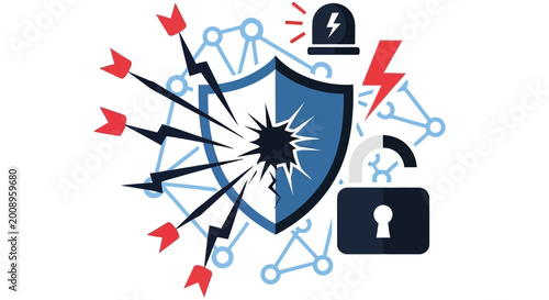 Cybersecurity illustration showing a shield under attack from darts and digital threats