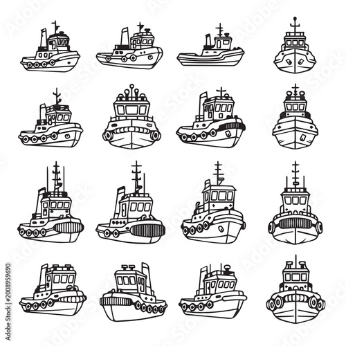 Collection of hand drawn tugboats on white background for maritime design projects