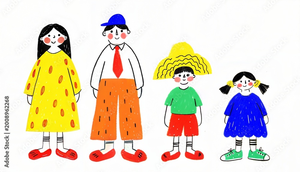 Fototapeta premium Happy Family Standing Together in Naive Art Style, Hand-Drawn Illustration of Parents and Children