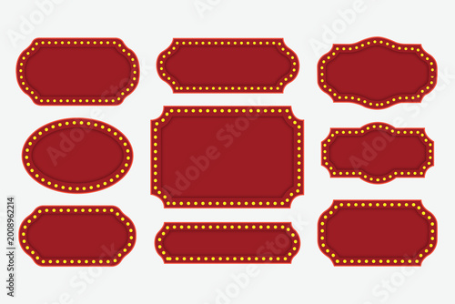 Red marquee sign board frames with light bulb borders