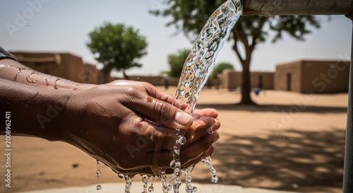 Close-up of hands cupping fresh clean water from a rural pump in a village setting. Concept of water scarcity, sustainability, and basic human needs.