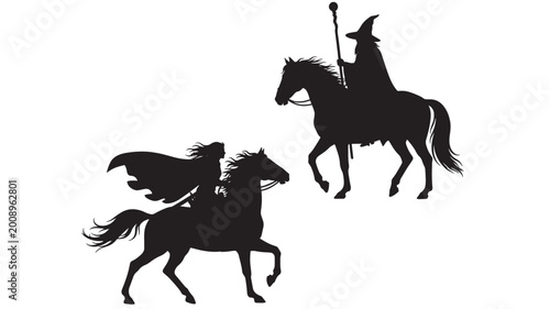 Foto Knight silhouette with lance riding armored horse in black vector style against