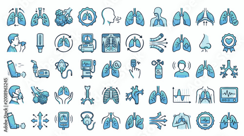 Photos Respiratory System and Lung Health Icon Set in Hand-Drawn Line Style