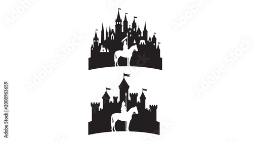 Obraz na płótnie Castle silhouette with knight on horse in black heraldry style for medieval bann