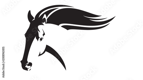 Photos Horse head silhouette with flowing mane and detailed line art in black and white