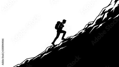 Tableau sur toile Minimalist Mountain Climber Silhouette Hiking Steep Rocky Cliff Adventure Vector