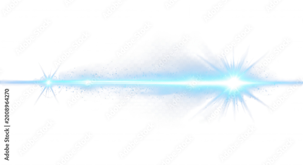Fototapeta premium Bright blue horizontal light flare with starburst effect and glowing beam isolated on a solid black background
