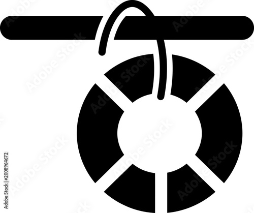 Black Solid Glyph Icon of a Ship Lifebuoy Hanging on a Railing for Marine Safety