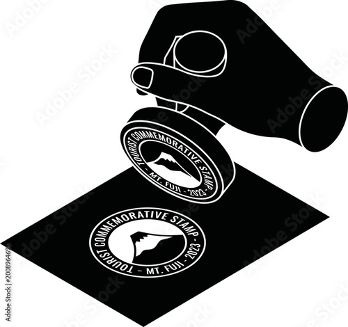 Black solid glyph icon of a hand using a tourist commemorative stamp of Mount Fuji