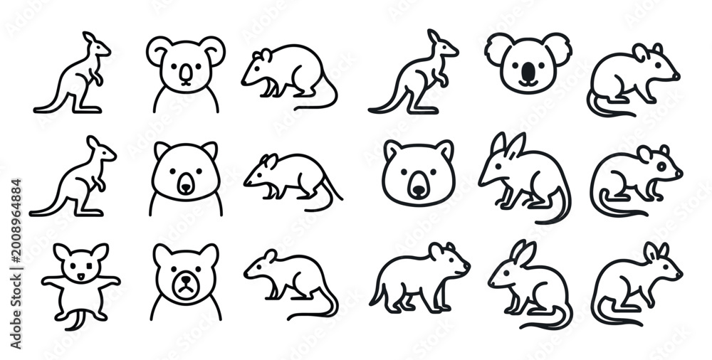 Fototapeta premium Australian wildlife icons with kangaroo koala outline