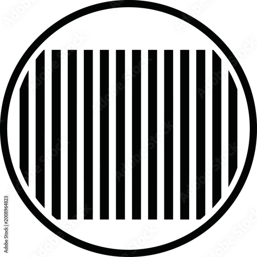 Minimalist black and white top-down view icon of an airport runway within a circular frame