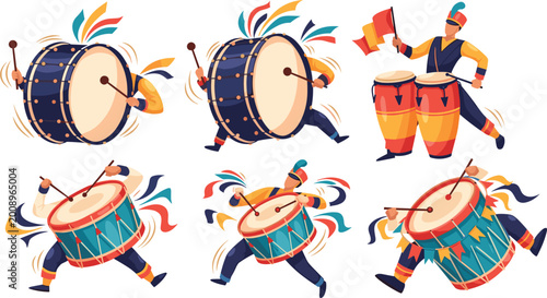 Schilderij op canvas Marching Band Drum Icon Set with Colorful Bass Drums, Snare Drums, Congas, and M