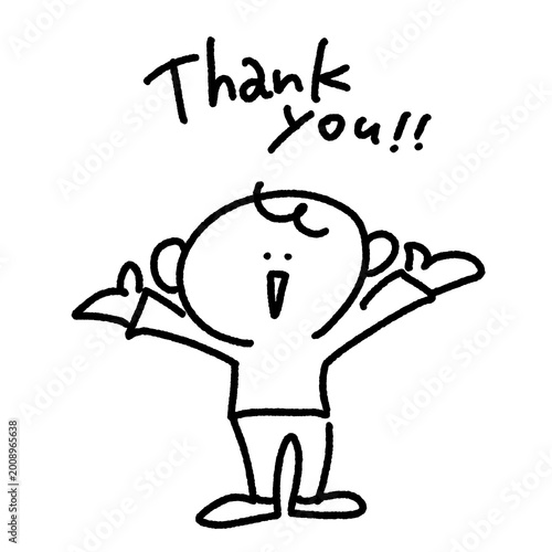 thank you! 手を広げて笑顔で感謝のメッセージを伝える男性キャラクターの手描きのかわいいモノクロ線画