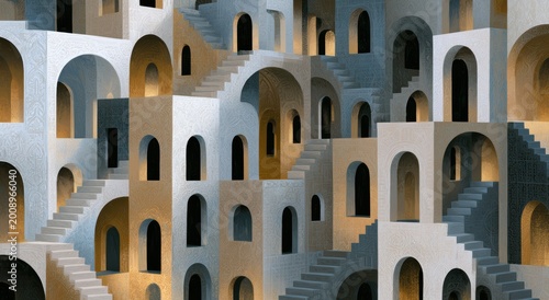 Labyrinthine architecture, impossible arches and stairs, intricate patterns, abstract design