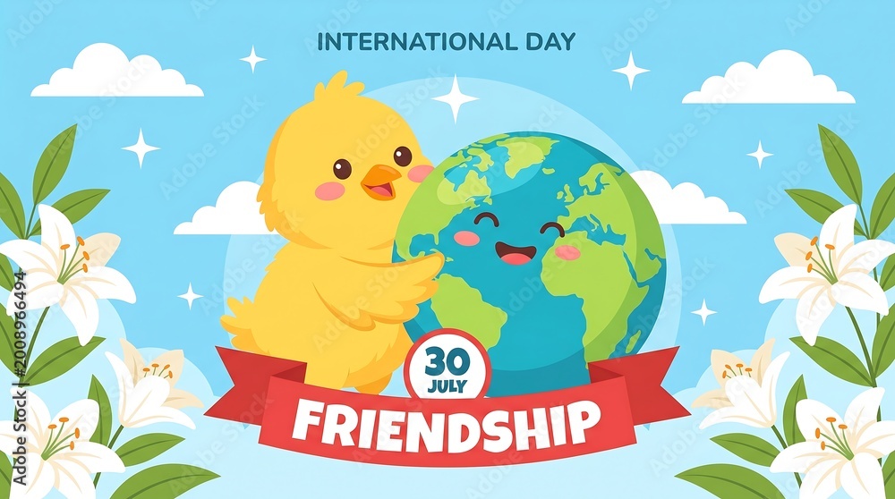 Naklejka premium International day of friendship a cute chick and earth celebrating together