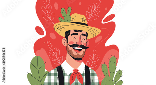 Smiling man in traditional festa junina outfit with straw hat and cactus background