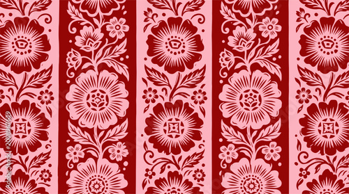 Red and Pink Floral Stripe Pattern with Stylized Flowers and Leaves