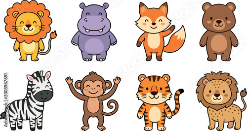 Canvas Print Cute Cartoon Wild Animal Collection with Lions, Zebras, Hippos, Monkeys, and Mor