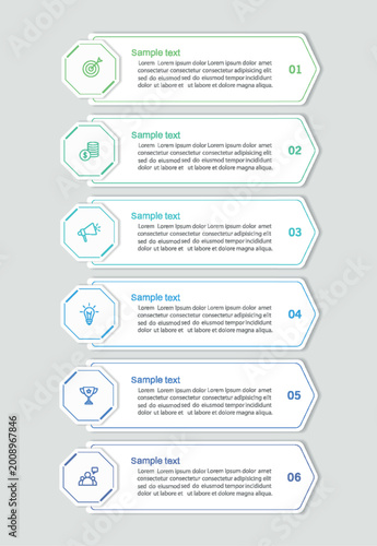 Business vector infographic design template with icons and 6 options or steps. Can be used for process diagram, presentations, workflow layout, flow chart, info graph