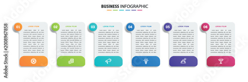 Business vector infographic design template with icons and 6 options or steps. Can be used for process diagram, presentations, workflow layout, flow chart, info graph