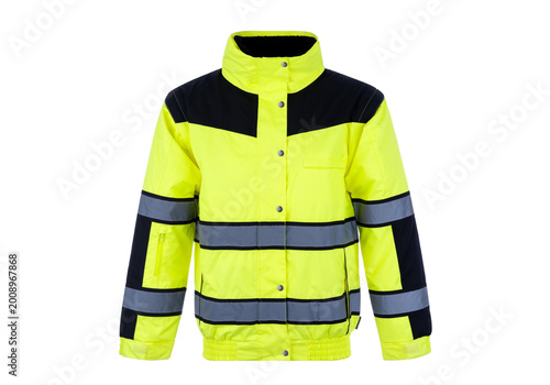 Tablou pe pânză Yellow high visibility safety jacket with reflective stripes, hi vis workwear is