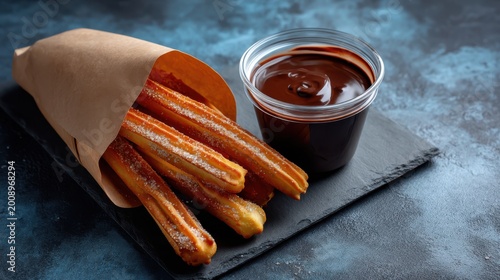 Crispy churros coated in sugar are served in a paper cone alongside a cup of rich chocolate dipping sauce on a dark slate plate.