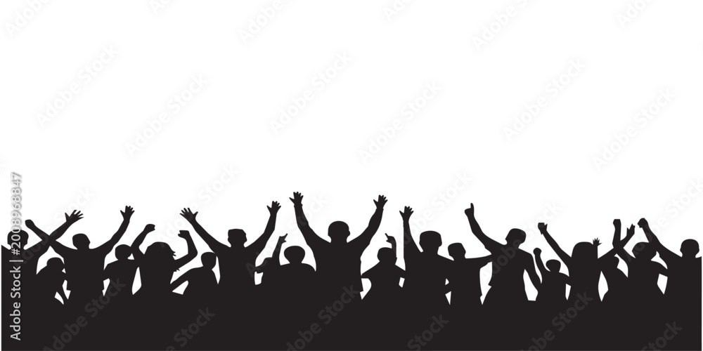 Obraz premium Crowd of people silhouettes cheering and raising hands up vector illustration on transparent background