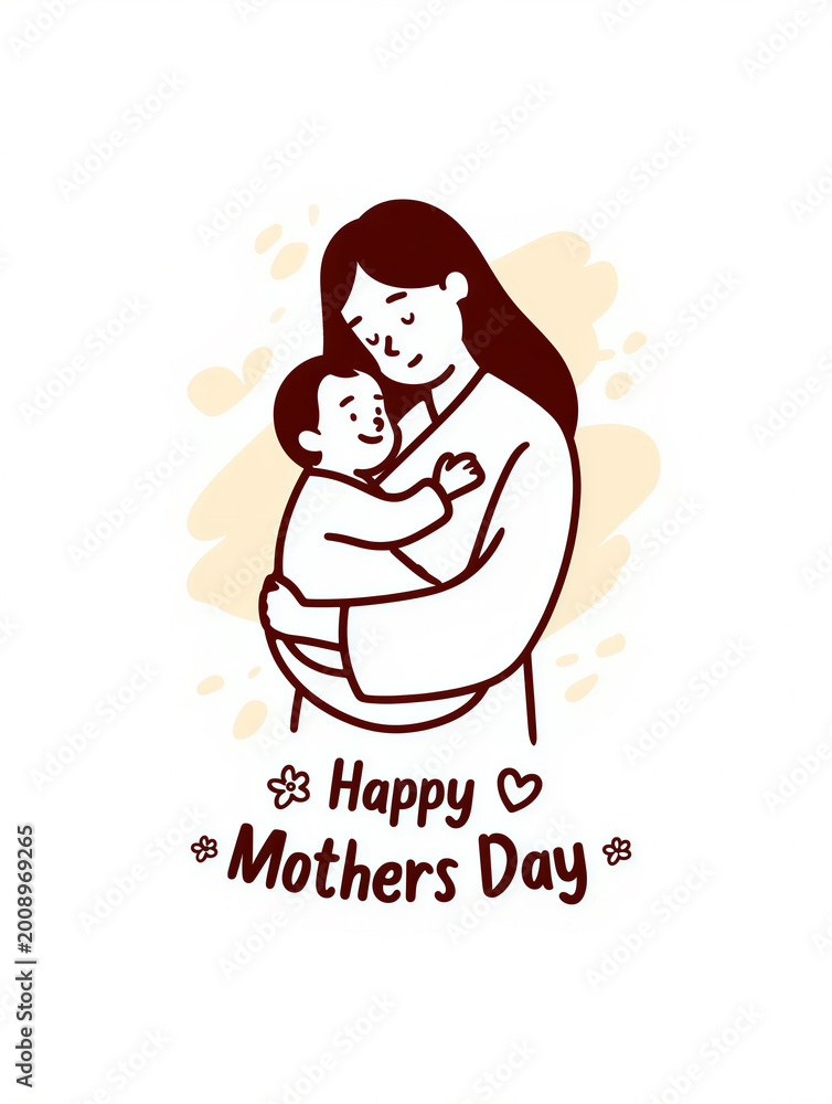 Obraz premium Happy Mothers Day minimalist line art illustration of mother and baby, elegant greeting card design