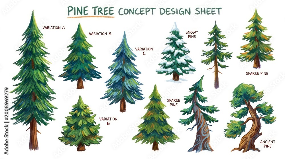 Obraz premium Artistic Pine Tree Concept Designs - A Collection of Watercolor Illustrations.