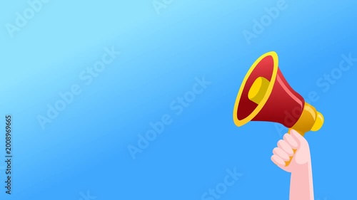 a hand holding a red and yellow megaphone with lightning coming out of it ' s side on a blue background motion video