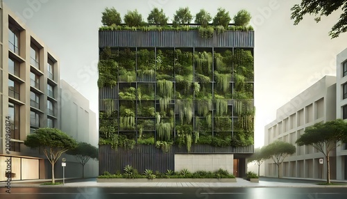 Modern Sustainable Green Building with Vertical Garden Facade in Urban Environment