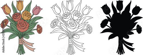 Flower bouquet silhouette & Outline and illustration set isolated on transparent background
