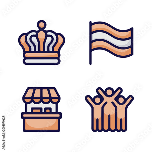 kings day netherlands serafi outline duotone icon set crown dutch flag market stall festive crowd
