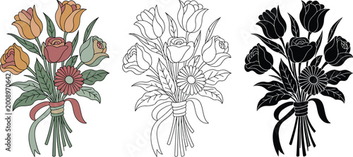 Flower bouquet silhouette & Outline and illustration set isolated on transparent background