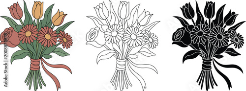 Flower bouquet silhouette & Outline and illustration set isolated on transparent background