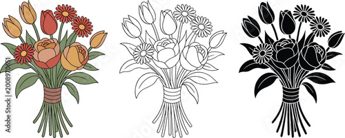 Flower bouquet silhouette & Outline and illustration set isolated on transparent background