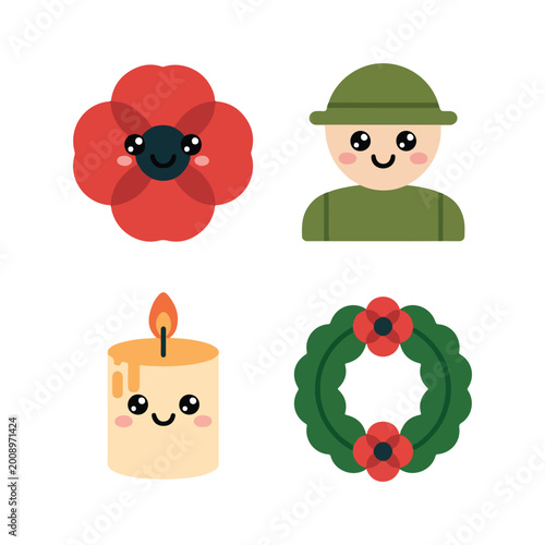 anzac day kawaii icon set poppy soldier candle wreath cute rounded flat respectful colors
