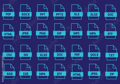 фотографія File format line icon set, Collection of file type icons like PDF, PNG, MP3, DOC, XLS, JPG, GIF, AVI