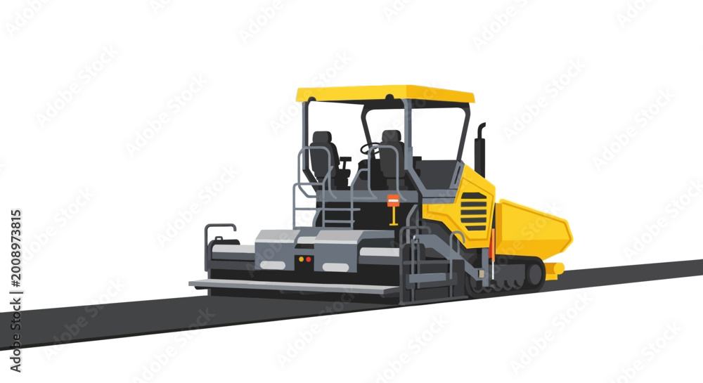 Obraz premium Yellow Asphalt Paver Machine Illustration Isolated on White Background. Heavy Road Construction Equipment for Paving and Highway Maintenance.