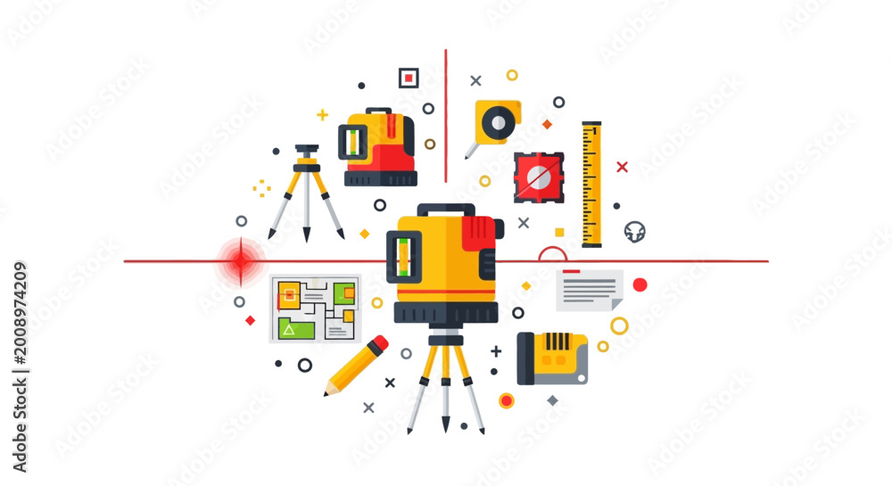Obraz premium Laser Level Surveying Equipment and Construction Measurement Tools Flat Vector Illustration for Engineering, Architecture, and Home Renovation Projects