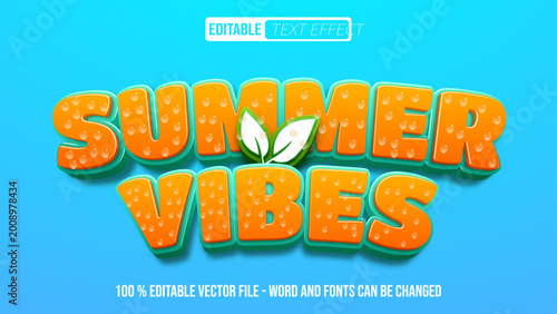 3D Summer Vibes editable text effect with water drops, fresh tropical orange and mint typography on blue background