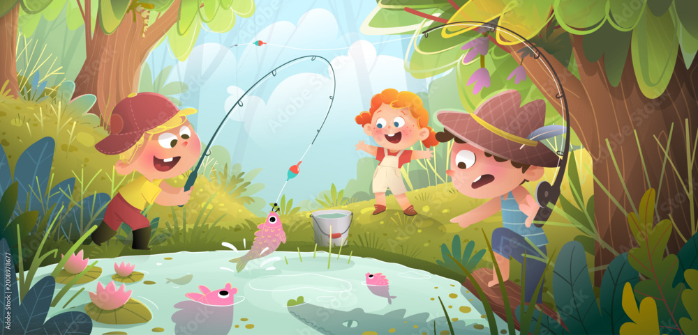 Fototapeta premium Kids summer camp vacation adventures in nature, fishing at the lake. Children fisherman catching fish and spotting a crocodile in a pond. Fun story for kids education. Vector cartoon illustration.
