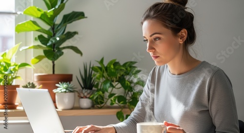 A young woman working on her laptop in a bright home office filled with lush green indoor plants, holding a steaming cup of coffee or tea.