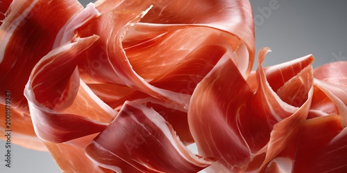 Curled Prosciutto Ribbons Floating on Soft Grey Background Horizontal Banner Hyper Realistic Macro Italian Charcuterie Tactile Food Photography Closeup