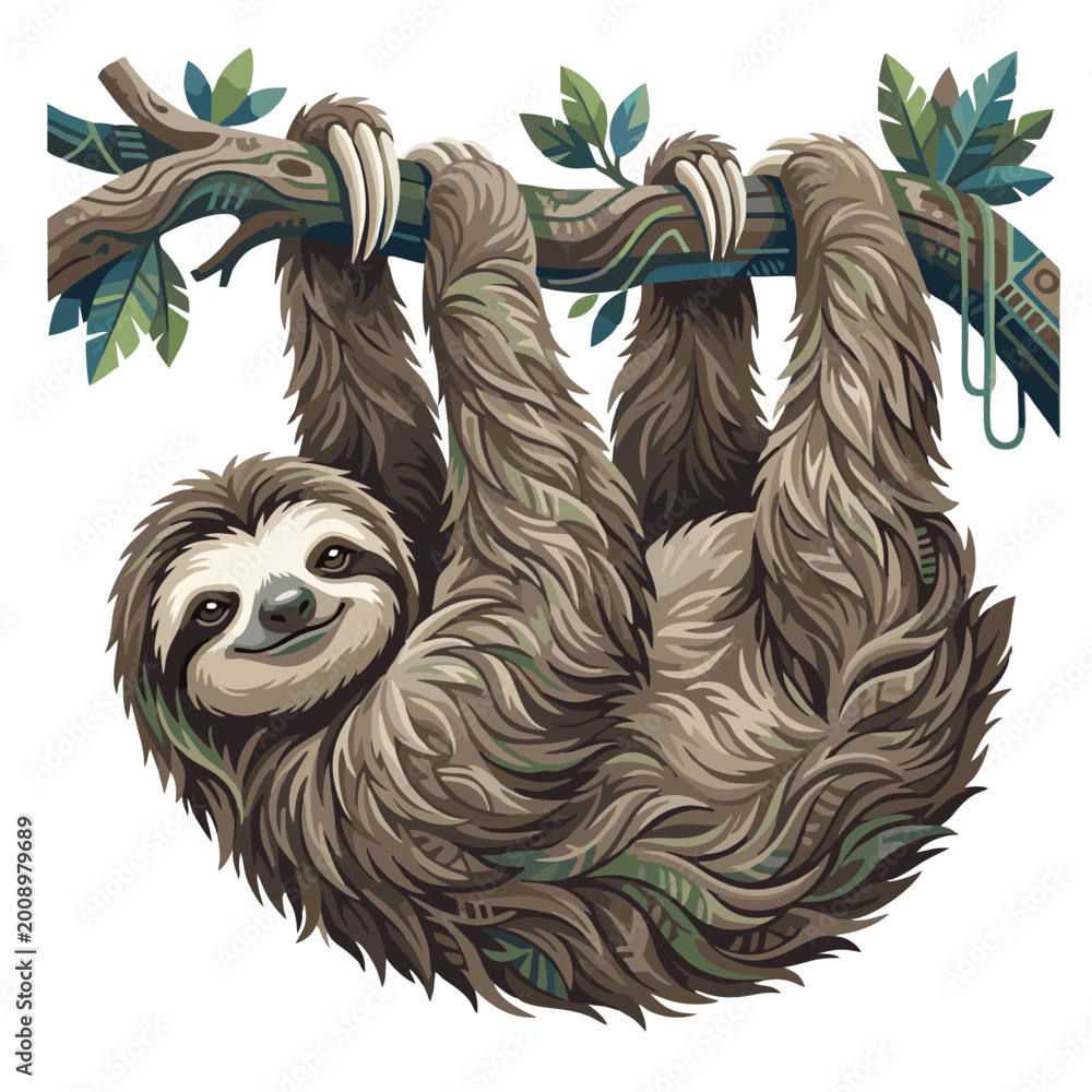 Fototapeta premium peaceful ancient three toed sloth hanging jungle canopy