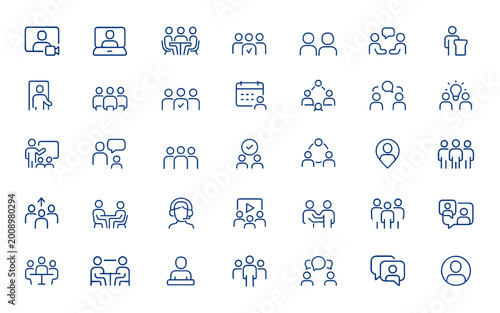 Consultation and social meeting icon collection featuring video call, room, and meet concepts. Minimalist line pictograms with editable stroke. Vector illustration, communication and more.