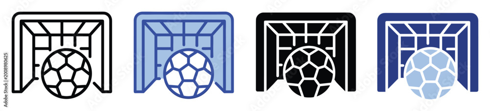 Fototapeta premium Sports icon set featuring soccer goal with ball in various styles for athletic event graphics and app interfaces