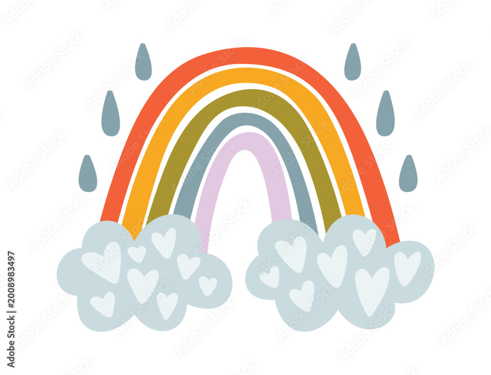 Obraz premium Rainbow With Clouds And Raindrops Cartoon