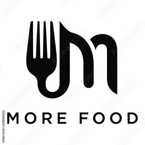 Foto Black fork and letter m logo with more food text icon