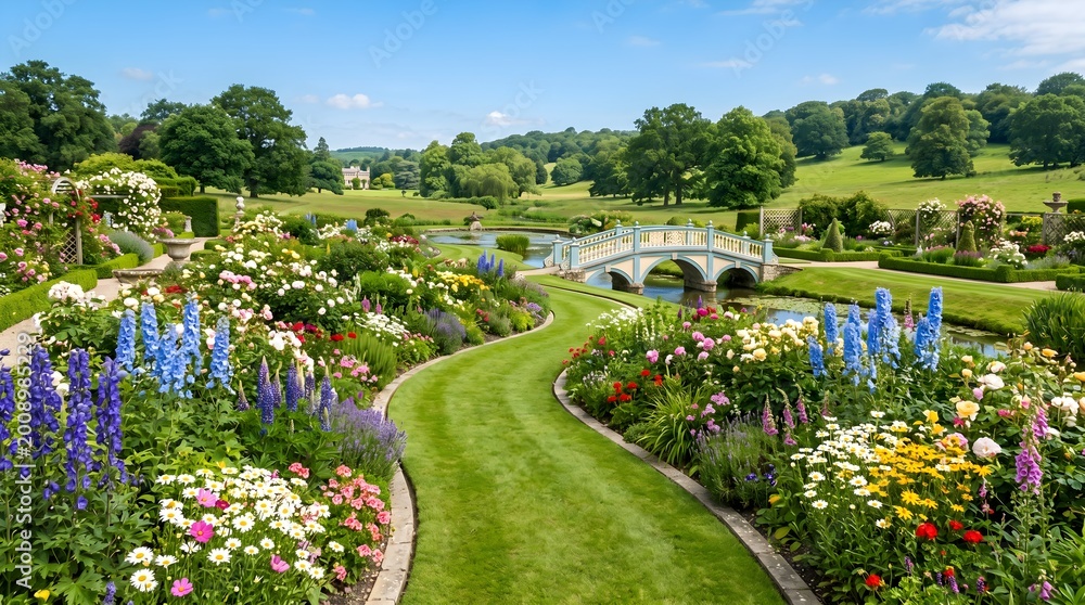 Obraz premium Sunlit estate landscape with a serpentine grass avenue bordered by exuberant flower beds of roses, delphiniums and daisies leading toward a stately multi‑arched bridge, beyond which soft green hills a